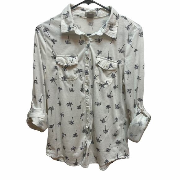 Passport palm tree design button up shirt with roll tan sleeves Large - Picture 1 of 8
